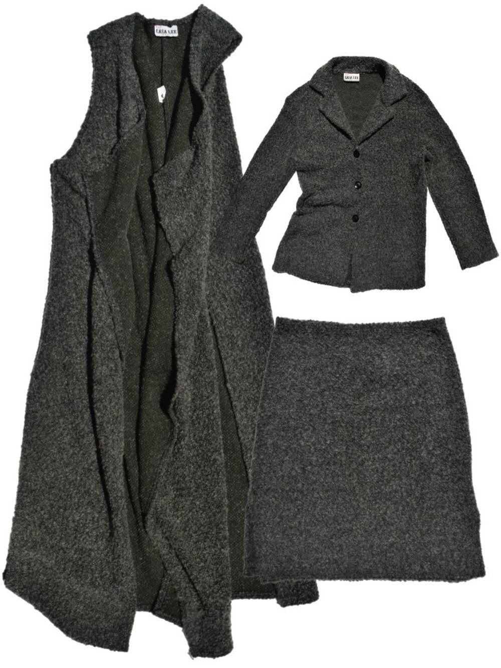 Vintage 90s Olive Green Faux Wool 3 Piece Button Blazer Mini Skirt and Duster Se